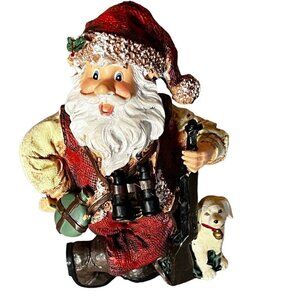 Christmas HUNTING SANTA CLAUS w Yellow Dog 7" RESIN FIGURINE Rifle Binocular Box
